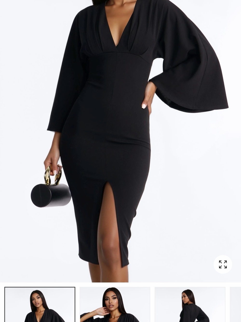Fashion Nova Black V-Neck Midi Dress with Statement Sleeves
